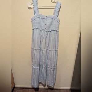 NOM MATERNITY Emma During After Maxi Tiered Dress M Nursing Blue White Stripe